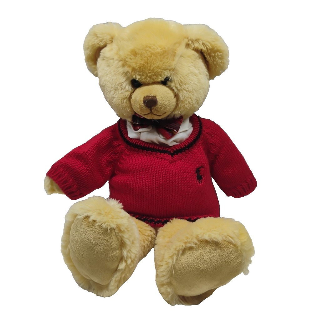 Ralph Lauren Teddy Bear Tan Plush Red Sweater Plaid Bow Tie Polo Horse Logo 2007